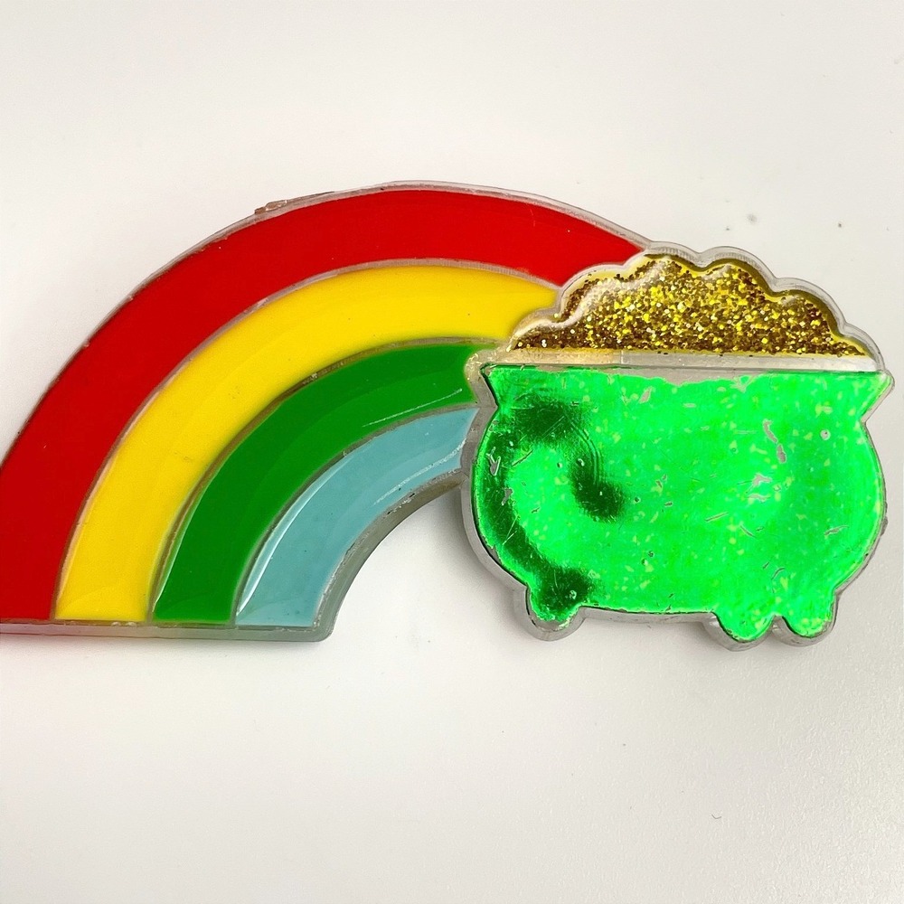 Vintage 80s Hallmark Rainbow Pot Glitter Gold Tone Pin Brooch St. Patrick's Day